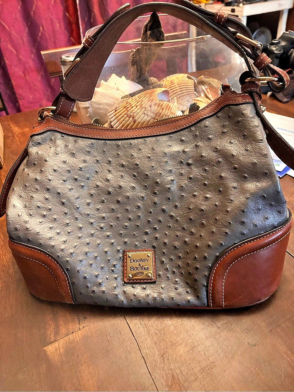 Dooney & Bourke Ostrich Twist Strap Hobo Shoulder Bag Brown & Black